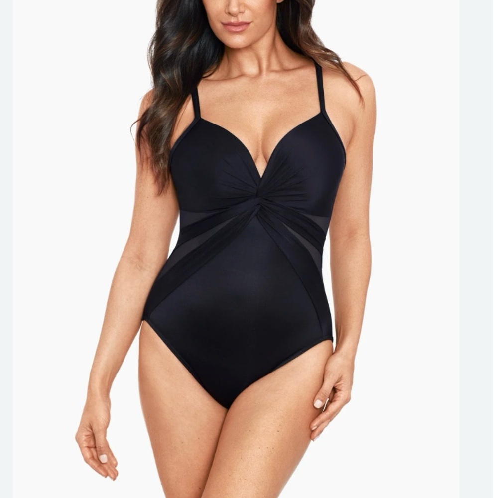 Miraclesuit Belle One Piece Swimsuit $182 Size 16 Black Mesh Panels V Neck Twist